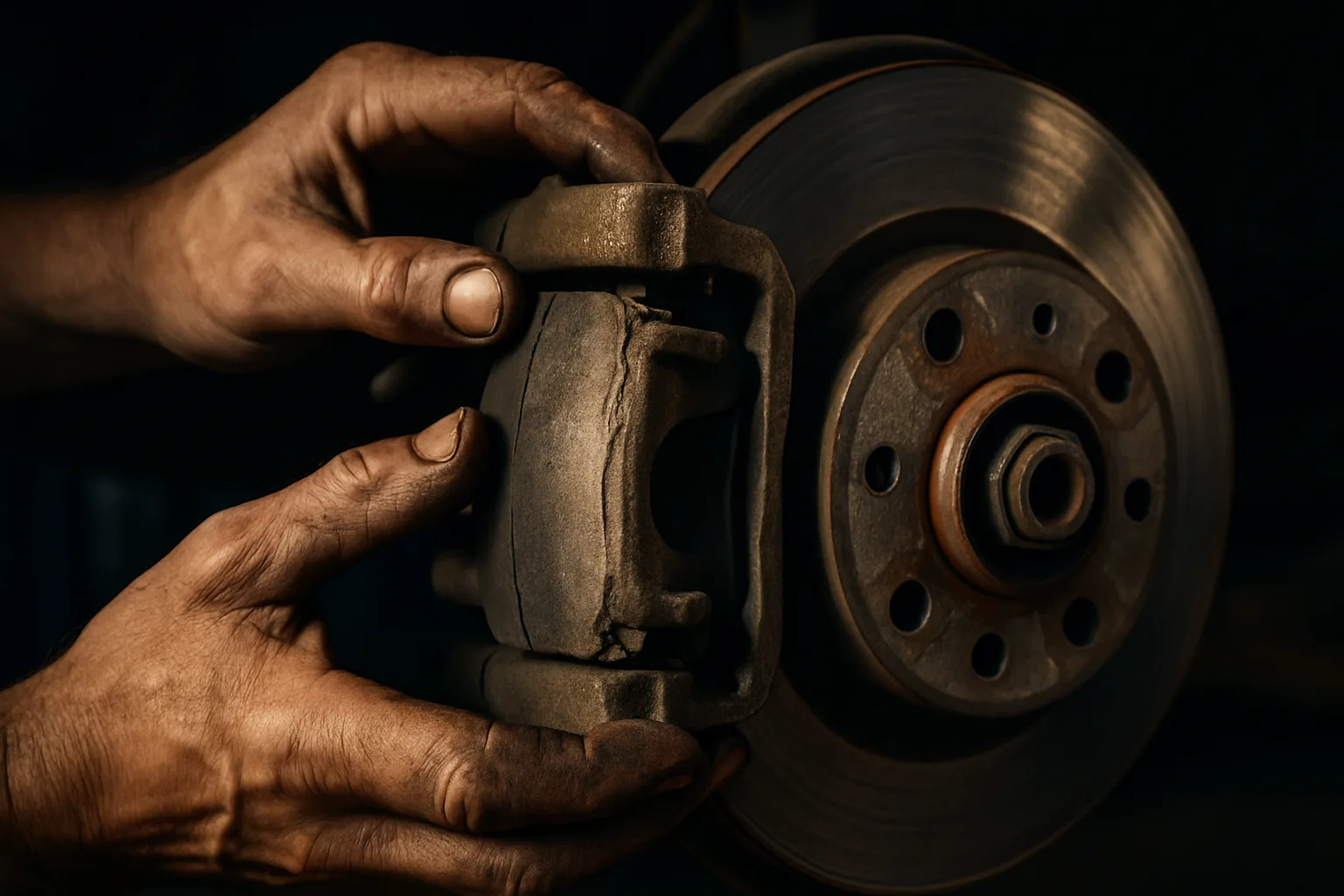 Detailed view of brake caliper and rotor inspection