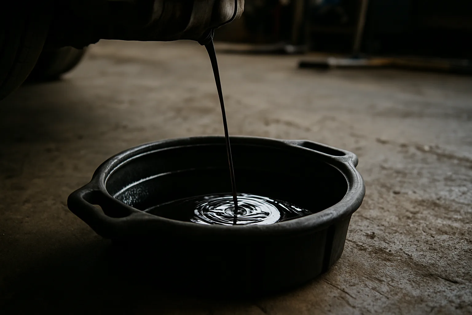 Oil being drained from engine into catch pan
